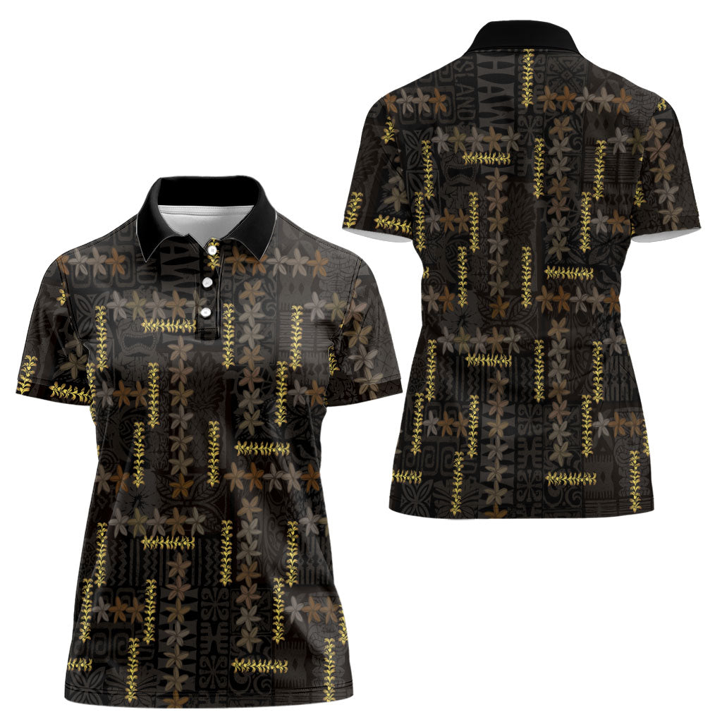 Hawaii Brown Plumeria Lei Black Women Polo Shirt Frangipani Floral Heritage Art LT01 - Polynesian Pride