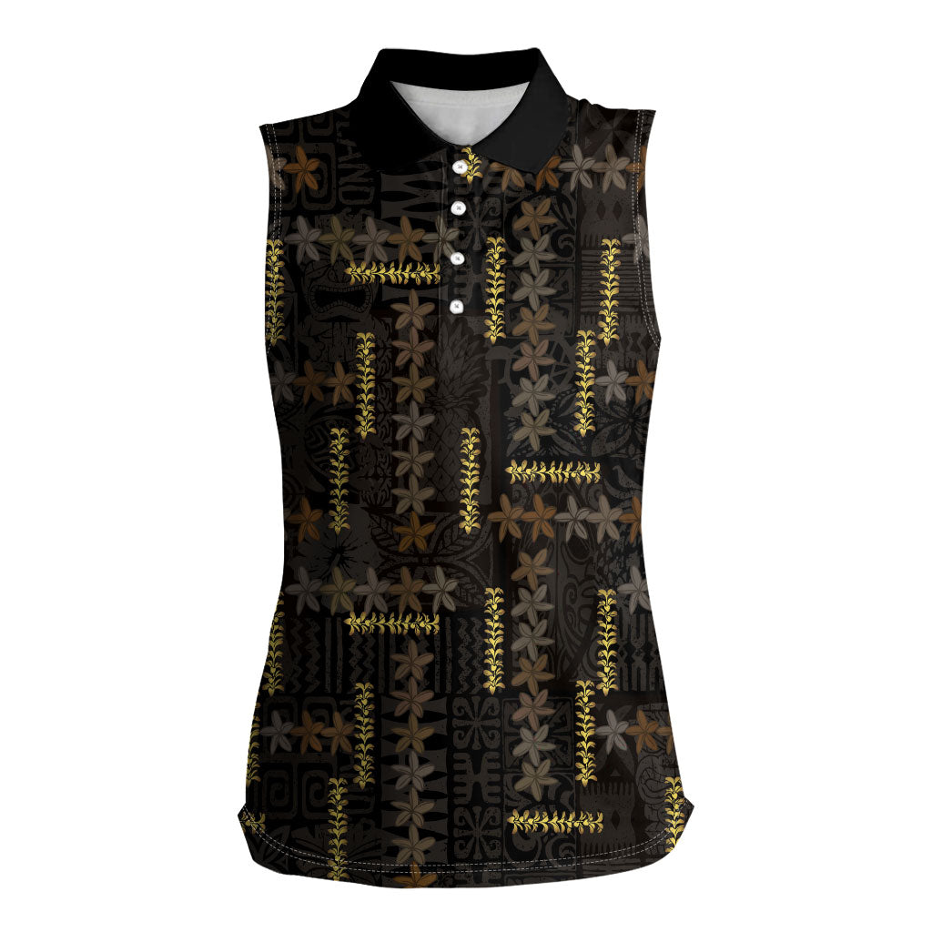 Hawaii Brown Plumeria Lei Black Women Sleeveless Polo Shirt Frangipani Floral Heritage Art LT01 Female Black - Polynesian Pride
