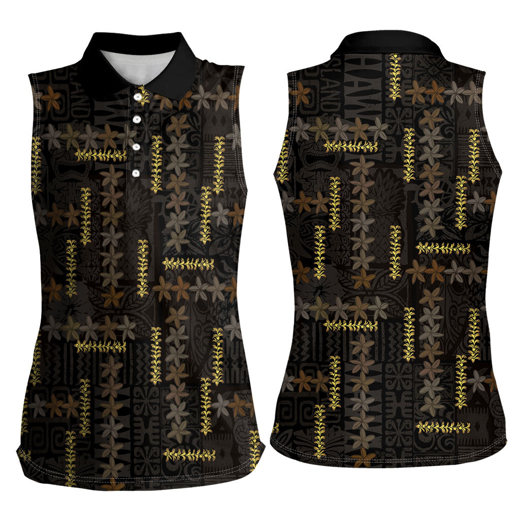 Hawaii Brown Plumeria Lei Black Women Sleeveless Polo Shirt Frangipani Floral Heritage Art LT01 - Polynesian Pride