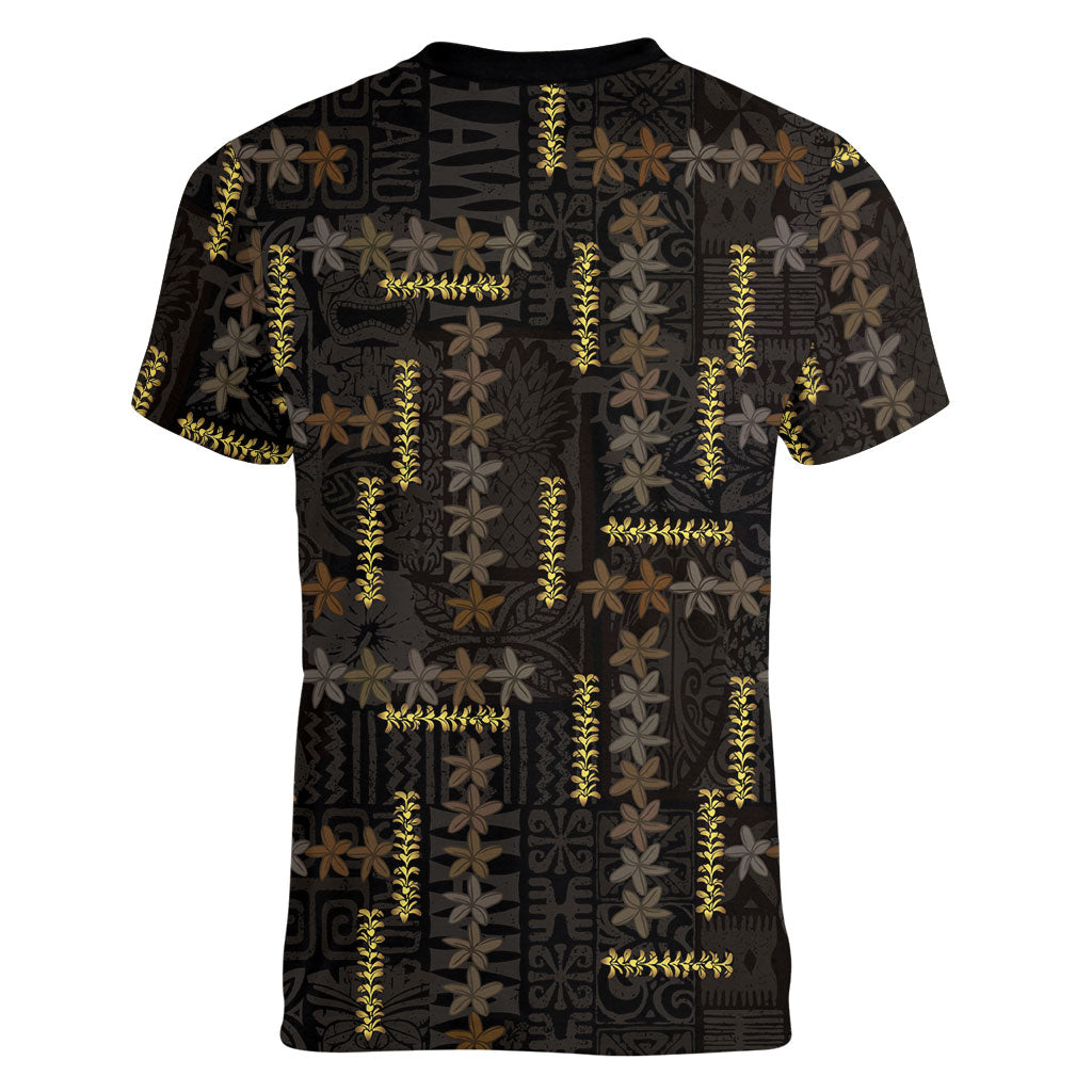 Hawaii Brown Plumeria Lei Black Women V-Neck T-Shirt Frangipani Floral Heritage Art LT01 - Polynesian Pride