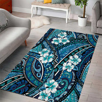 Polynesian Hibiscus Tropical Blue Floral Area Rug Tribal Pattern - Polynesian Pride