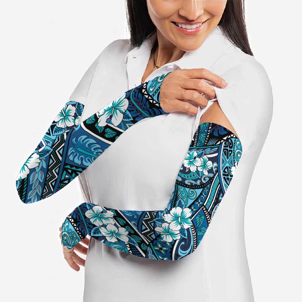Polynesian Hibiscus Tropical Blue Floral Arm Sleeves Tribal Pattern - Polynesian Pride