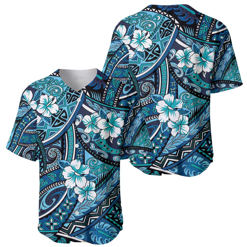Polynesian Hibiscus Tropical Blue Floral Baseball Jersey Tribal Pattern LT01 - Polynesian Pride