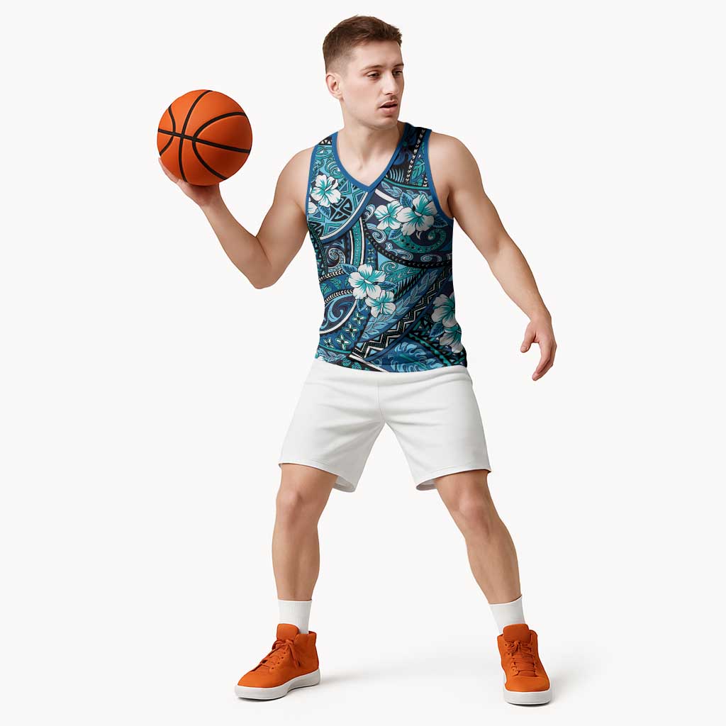 Polynesian Hibiscus Tropical Blue Floral Basketball Jersey Tribal Pattern - Polynesian Pride