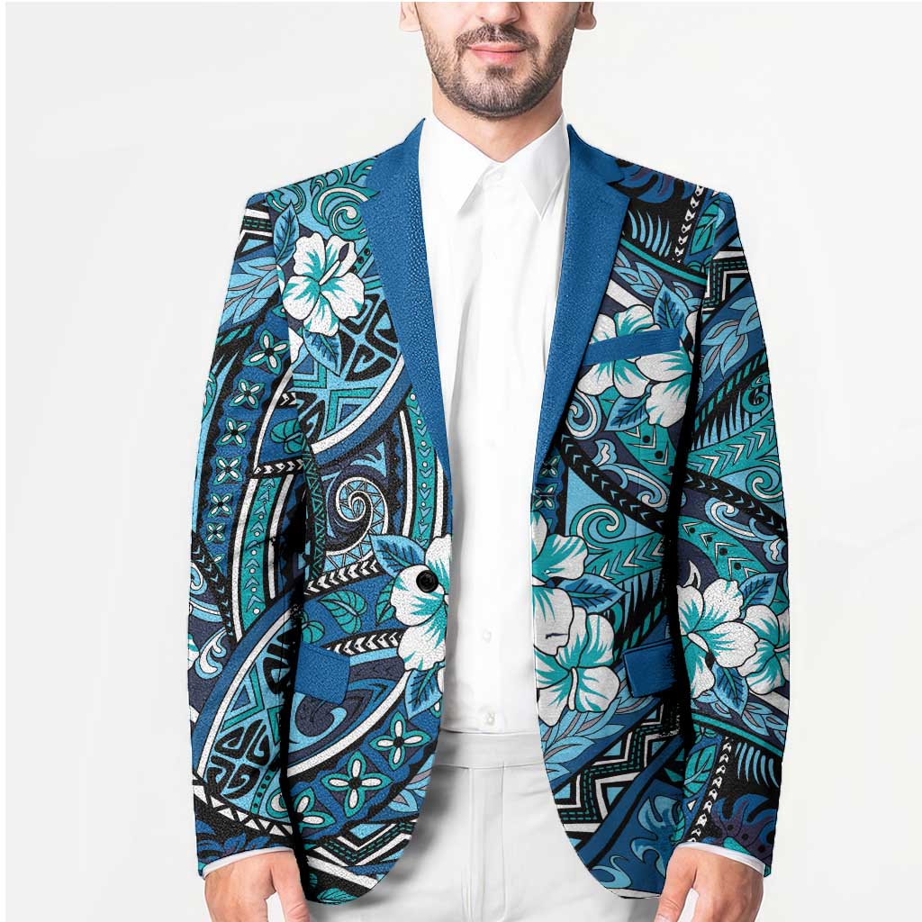Polynesian Hibiscus Tropical Blue Floral Blazer Tribal Pattern - Polynesian Pride