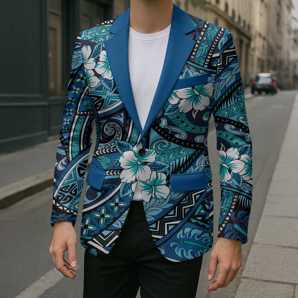 Polynesian Hibiscus Tropical Blue Floral Blazer Tribal Pattern - Polynesian Pride