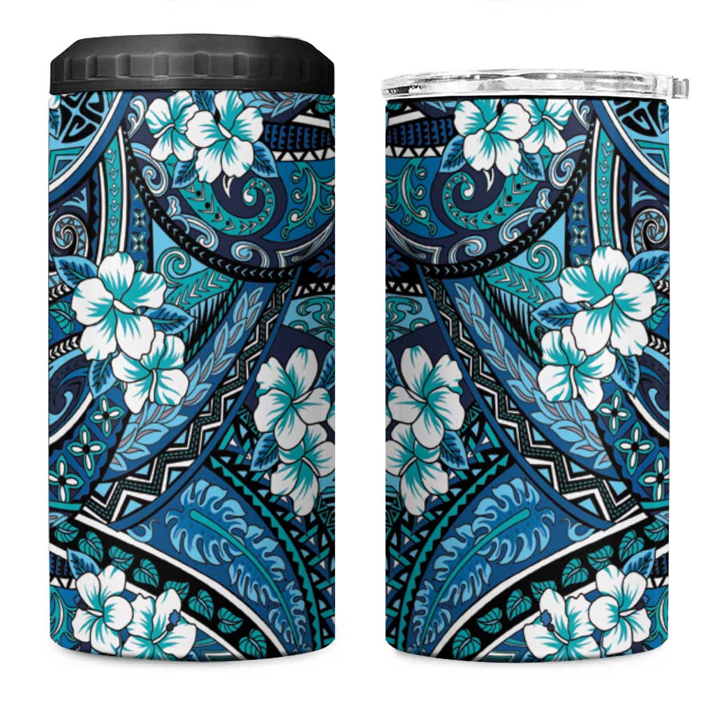 Polynesian Hibiscus Tropical Blue Floral 4 in 1 Can Cooler Tumbler Tribal Pattern - Polynesian Pride