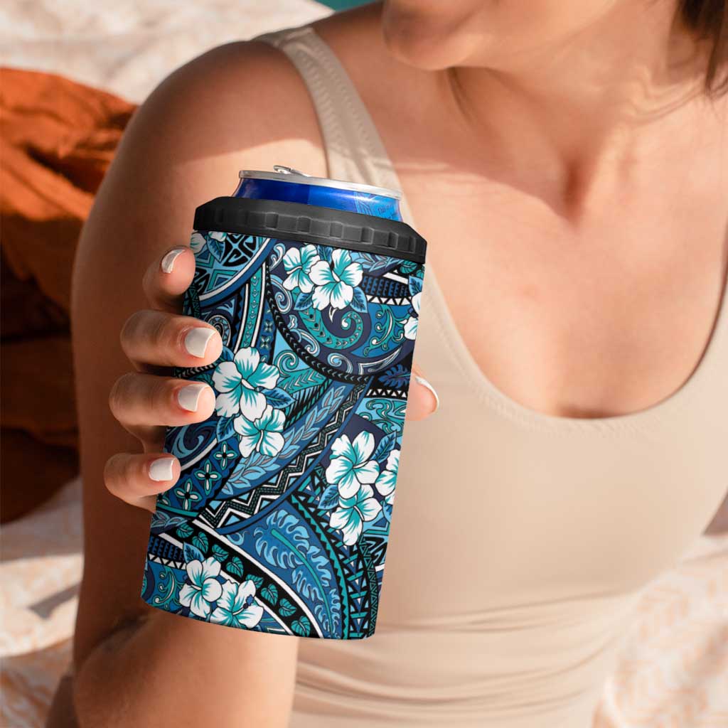 Polynesian Hibiscus Tropical Blue Floral 4 in 1 Can Cooler Tumbler Tribal Pattern - Polynesian Pride