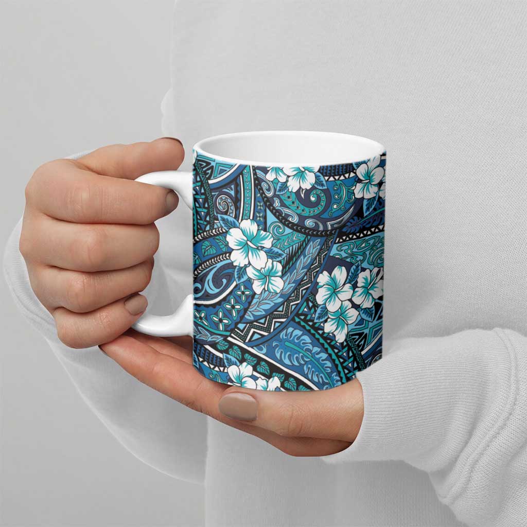 Polynesian Hibiscus Tropical Blue Floral Ceramic Mug Tribal Pattern - Polynesian Pride
