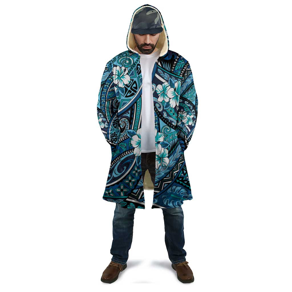 Polynesian Hibiscus Tropical Blue Floral Cloak Tribal Pattern - Polynesian Pride