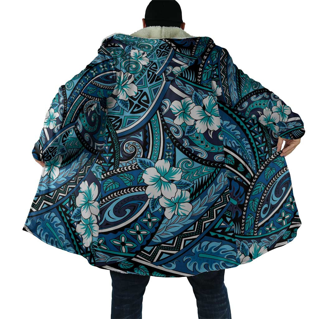 Polynesian Hibiscus Tropical Blue Floral Cloak Tribal Pattern - Polynesian Pride