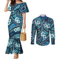 Polynesian Hibiscus Tropical Blue Floral Couples Matching Mermaid Dress and Long Sleeve Button Shirt Tribal Pattern - Polynesian Pride