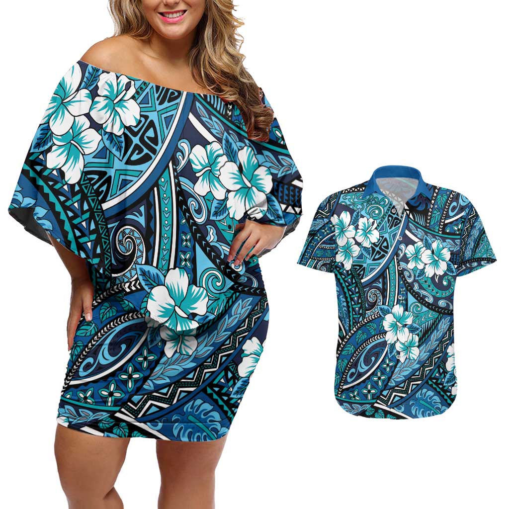 Polynesian Hibiscus Tropical Blue Floral Couples Matching Off Shoulder Short Dress and Hawaiian Shirt Tribal Pattern - Polynesian Pride