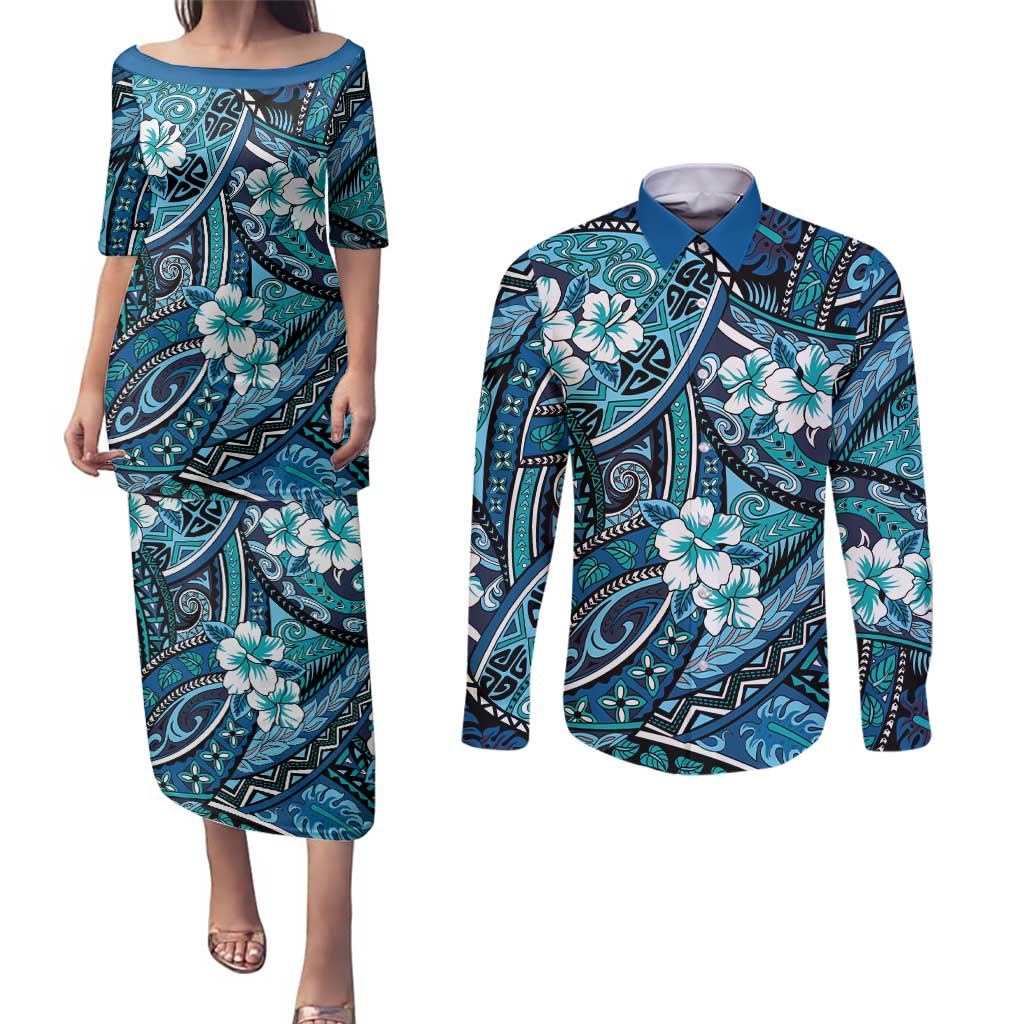 Polynesian Hibiscus Tropical Blue Floral Couples Matching Puletasi and Long Sleeve Button Shirt Tribal Pattern - Polynesian Pride
