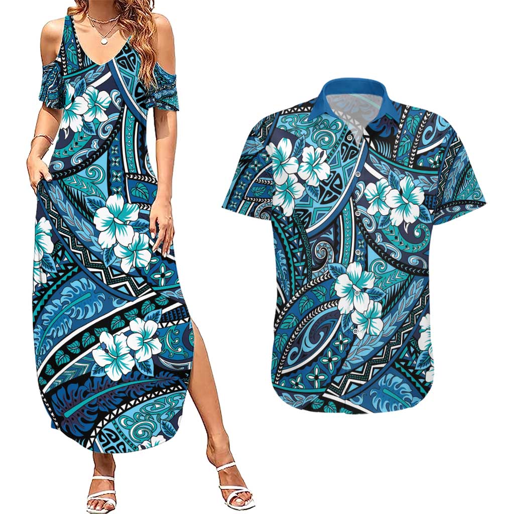 Polynesian Hibiscus Tropical Blue Floral Couples Matching Summer Maxi Dress and Hawaiian Shirt Tribal Pattern - Polynesian Pride