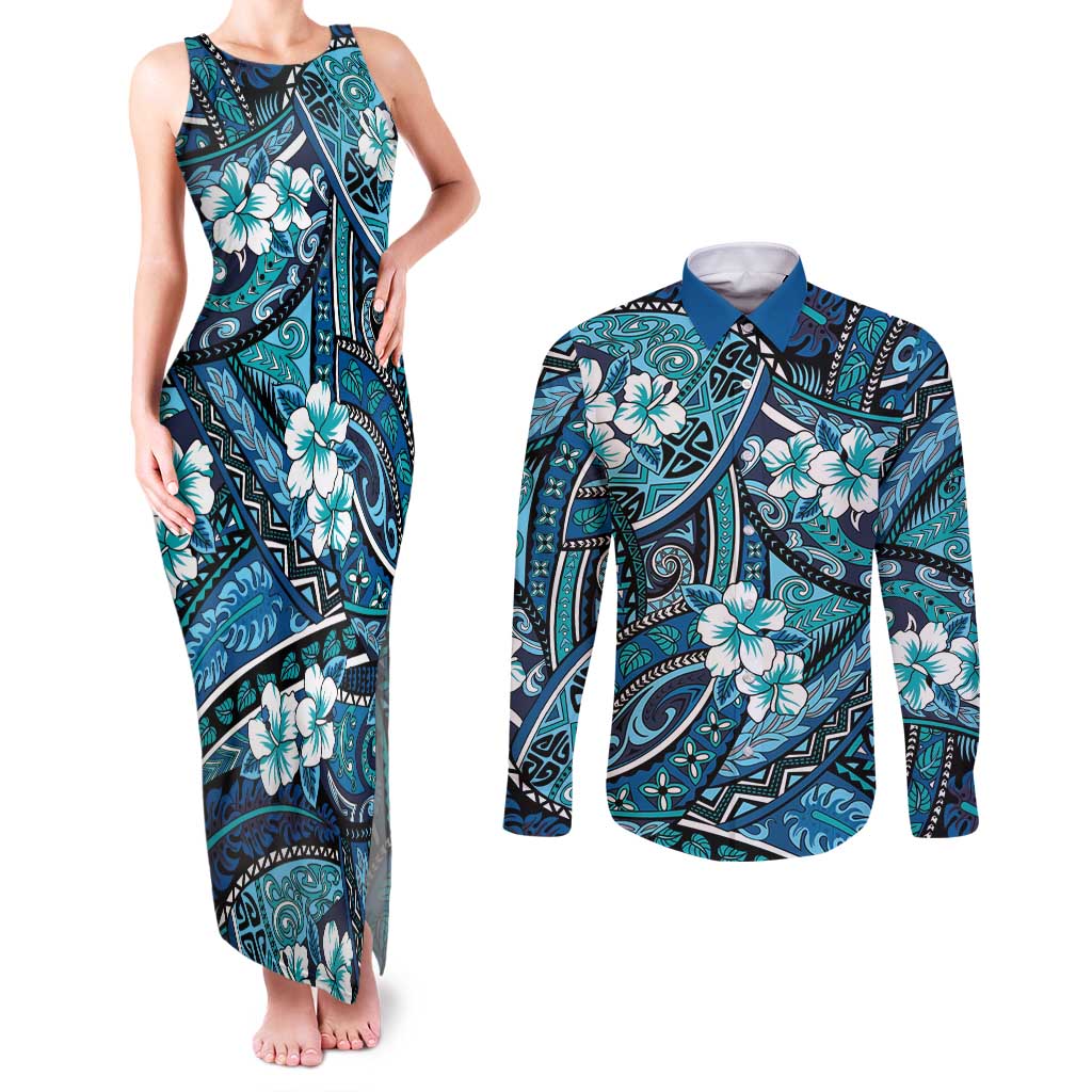 Polynesian Hibiscus Tropical Blue Floral Couples Matching Tank Maxi Dress and Long Sleeve Button Shirt Tribal Pattern - Polynesian Pride