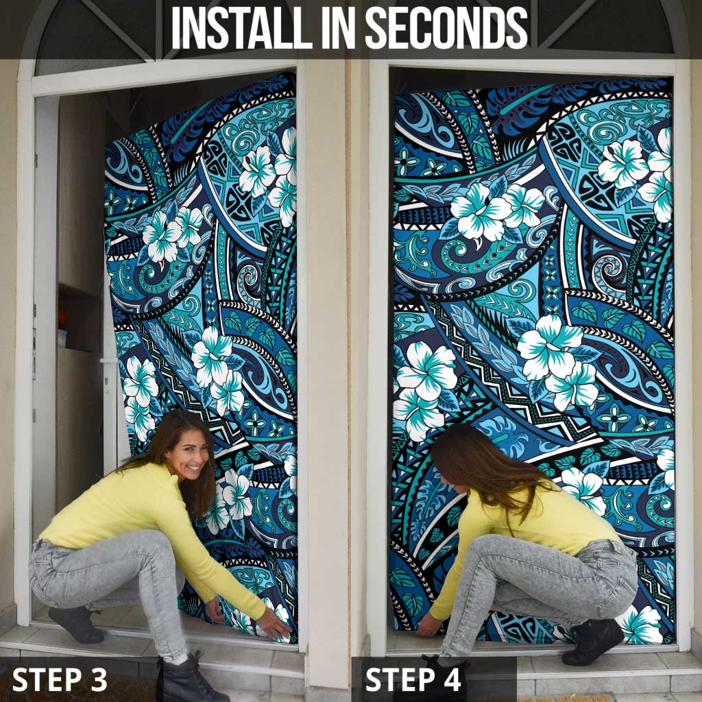 Polynesian Hibiscus Tropical Blue Floral Door Cover Tribal Pattern - Polynesian Pride