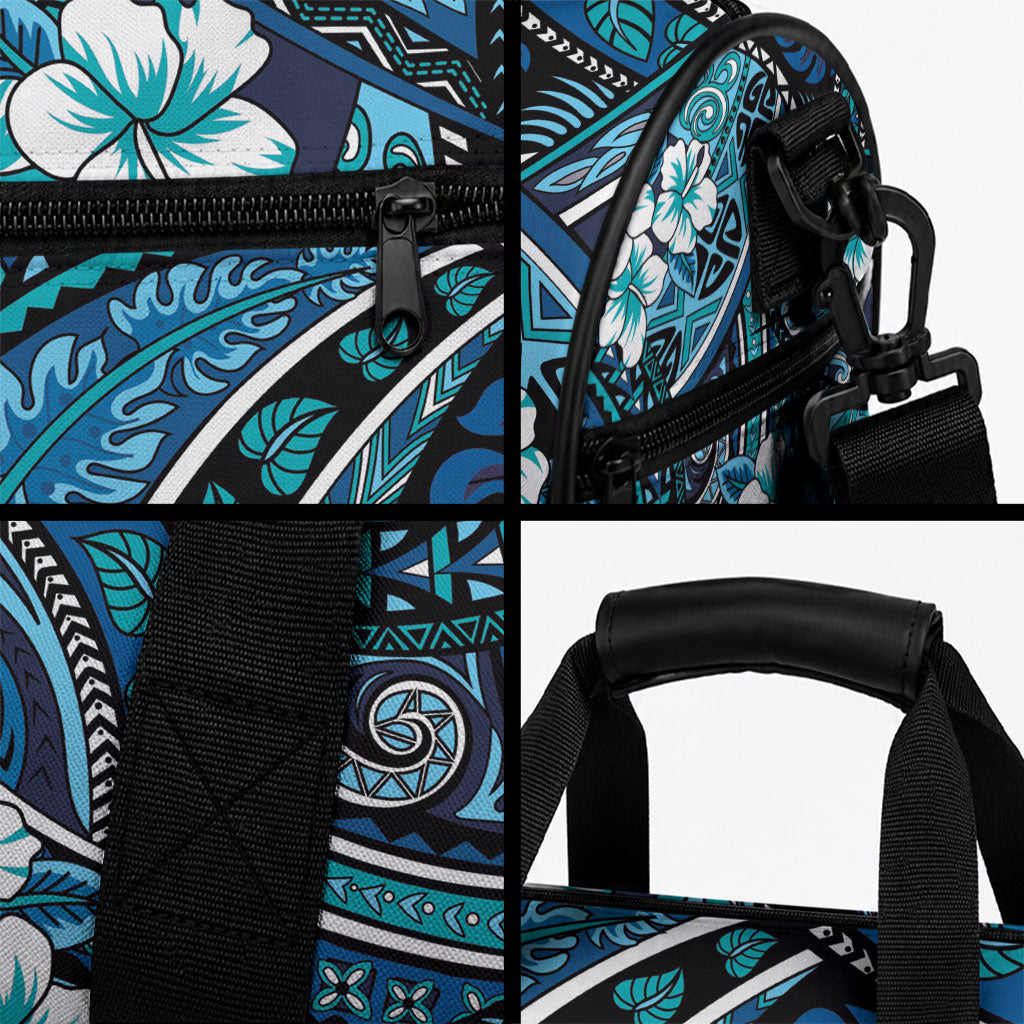 Polynesian Hibiscus Tropical Blue Floral Duffle Bag Tribal Pattern