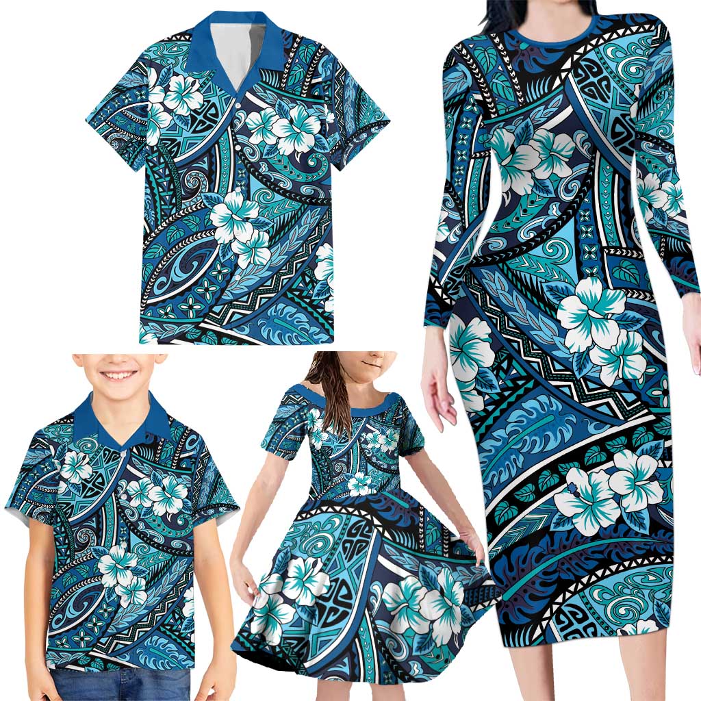 Polynesian Hibiscus Tropical Blue Floral Family Matching Long Sleeve Bodycon Dress and Hawaiian Shirt Tribal Pattern - Polynesian Pride