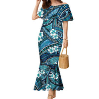 Polynesian Hibiscus Tropical Blue Floral Family Matching Mermaid Dress and Hawaiian Shirt Tribal Pattern - Polynesian Pride