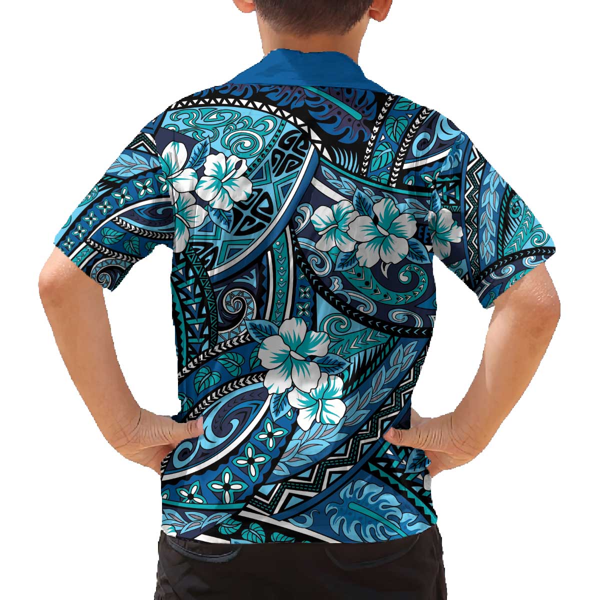 Polynesian Hibiscus Tropical Blue Floral Family Matching Off The Shoulder Long Sleeve Dress and Hawaiian Shirt Tribal Pattern LT01 - Polynesian Pride