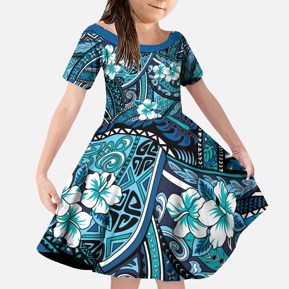 Polynesian Hibiscus Tropical Blue Floral Family Matching Off The Shoulder Long Sleeve Dress and Hawaiian Shirt Tribal Pattern LT01 Daughter's Dress Blue - Polynesian Pride