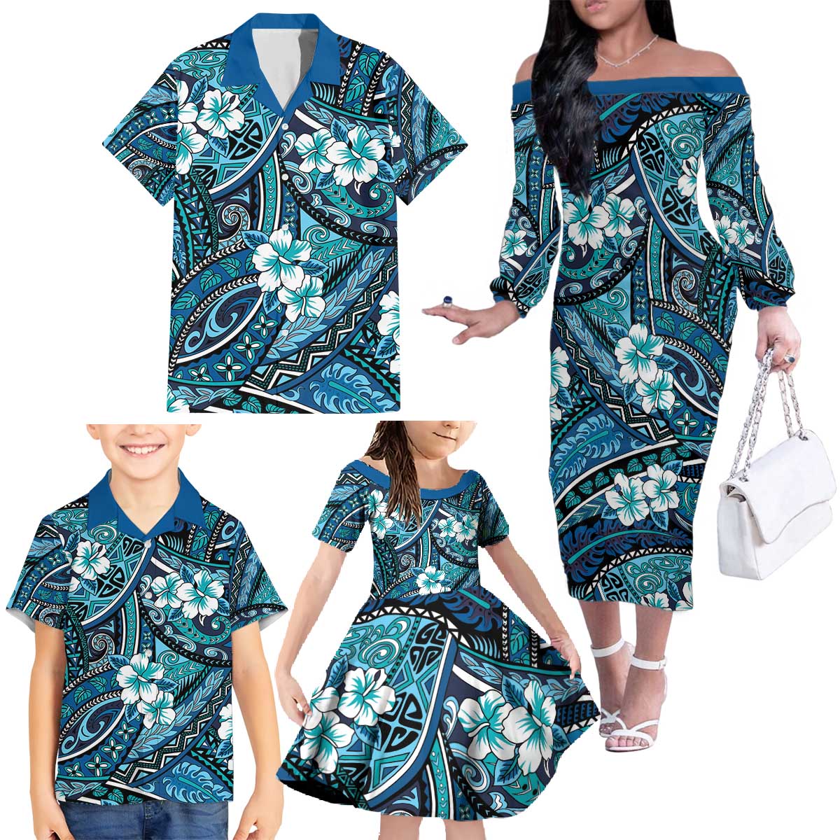 Polynesian Hibiscus Tropical Blue Floral Family Matching Off The Shoulder Long Sleeve Dress and Hawaiian Shirt Tribal Pattern - Polynesian Pride