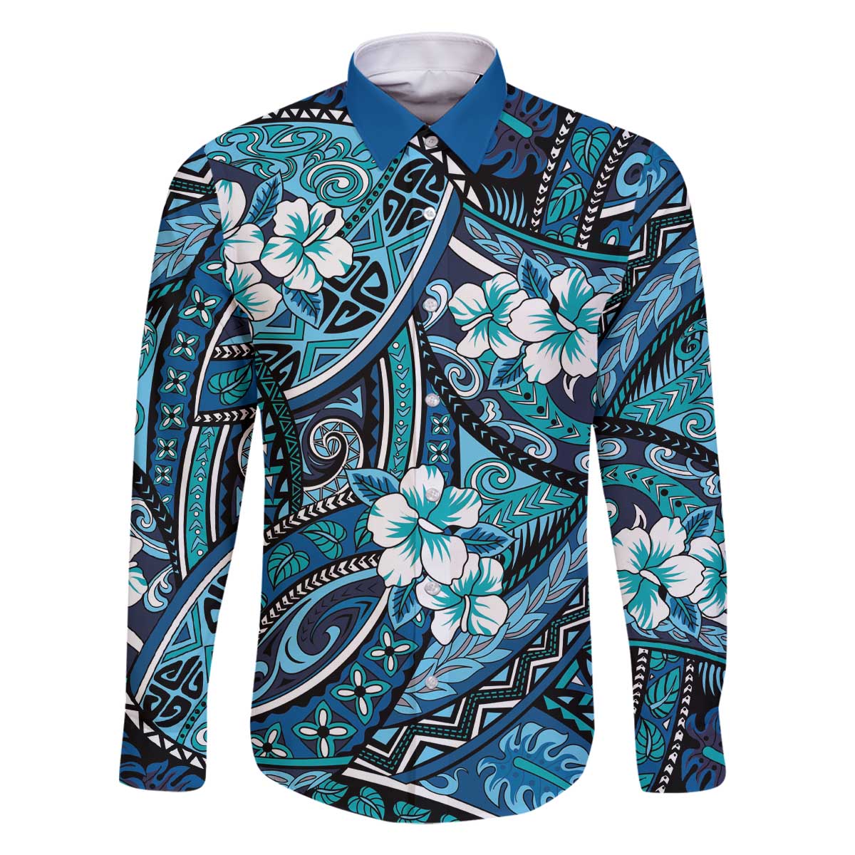 Polynesian Hibiscus Tropical Blue Floral Family Matching Off The Shoulder Long Sleeve Dress and Hawaiian Shirt Tribal Pattern LT01 Dad's Shirt - Long Sleeve Blue - Polynesian Pride