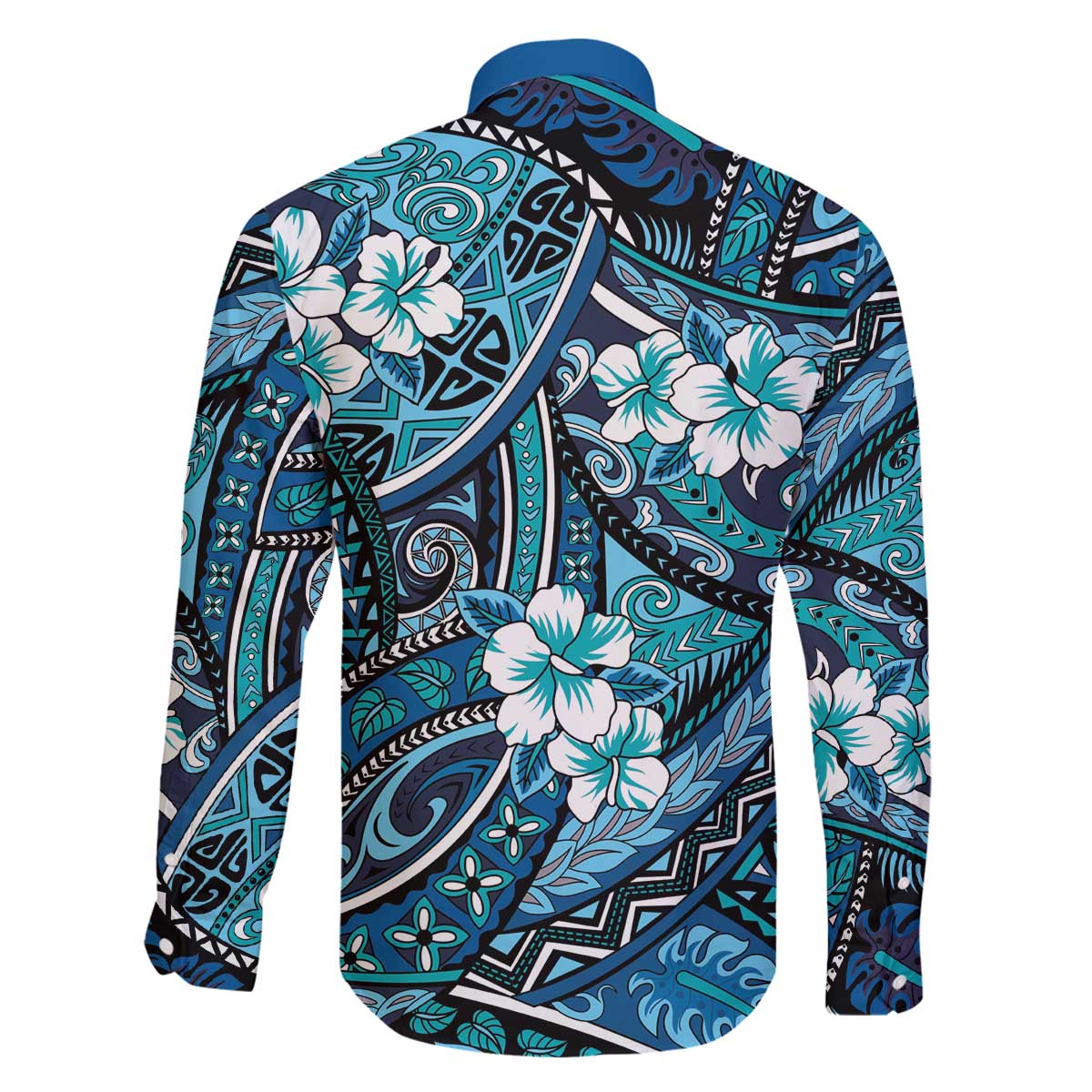 Polynesian Hibiscus Tropical Blue Floral Family Matching Off The Shoulder Long Sleeve Dress and Hawaiian Shirt Tribal Pattern LT01 - Polynesian Pride