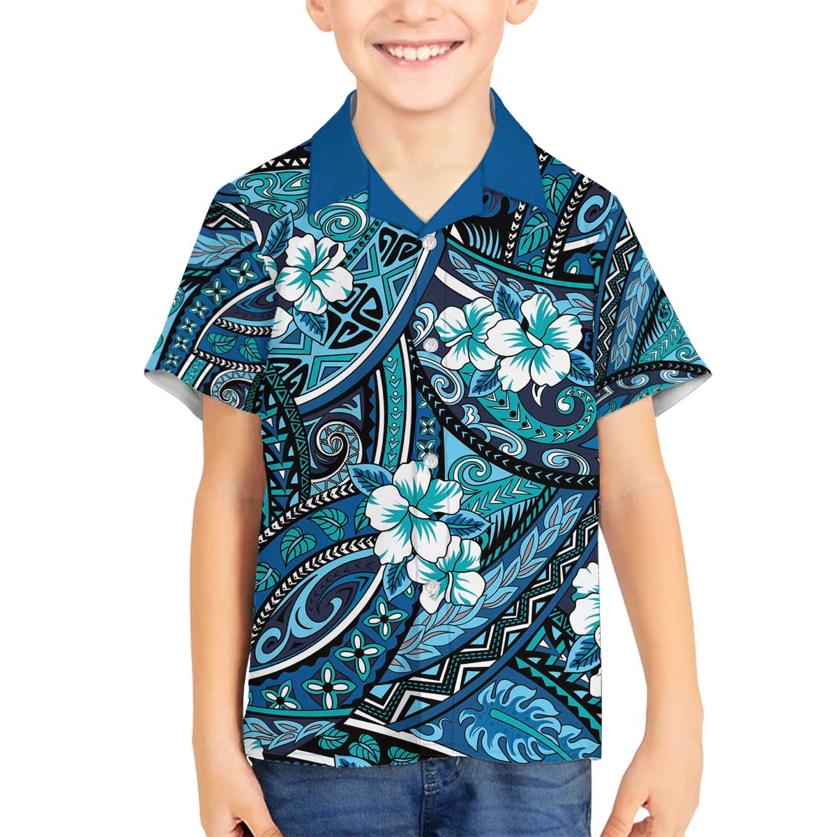 Polynesian Hibiscus Tropical Blue Floral Family Matching Off The Shoulder Long Sleeve Dress and Hawaiian Shirt Tribal Pattern LT01 Son's Shirt Blue - Polynesian Pride