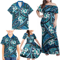 Polynesian Hibiscus Tropical Blue Floral Family Matching Off Shoulder Maxi Dress and Hawaiian Shirt Tribal Pattern - Polynesian Pride