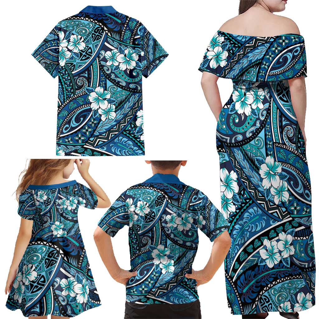 Polynesian Hibiscus Tropical Blue Floral Family Matching Off Shoulder Maxi Dress and Hawaiian Shirt Tribal Pattern - Polynesian Pride
