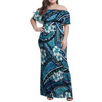 Polynesian Hibiscus Tropical Blue Floral Family Matching Off Shoulder Maxi Dress and Hawaiian Shirt Tribal Pattern - Polynesian Pride