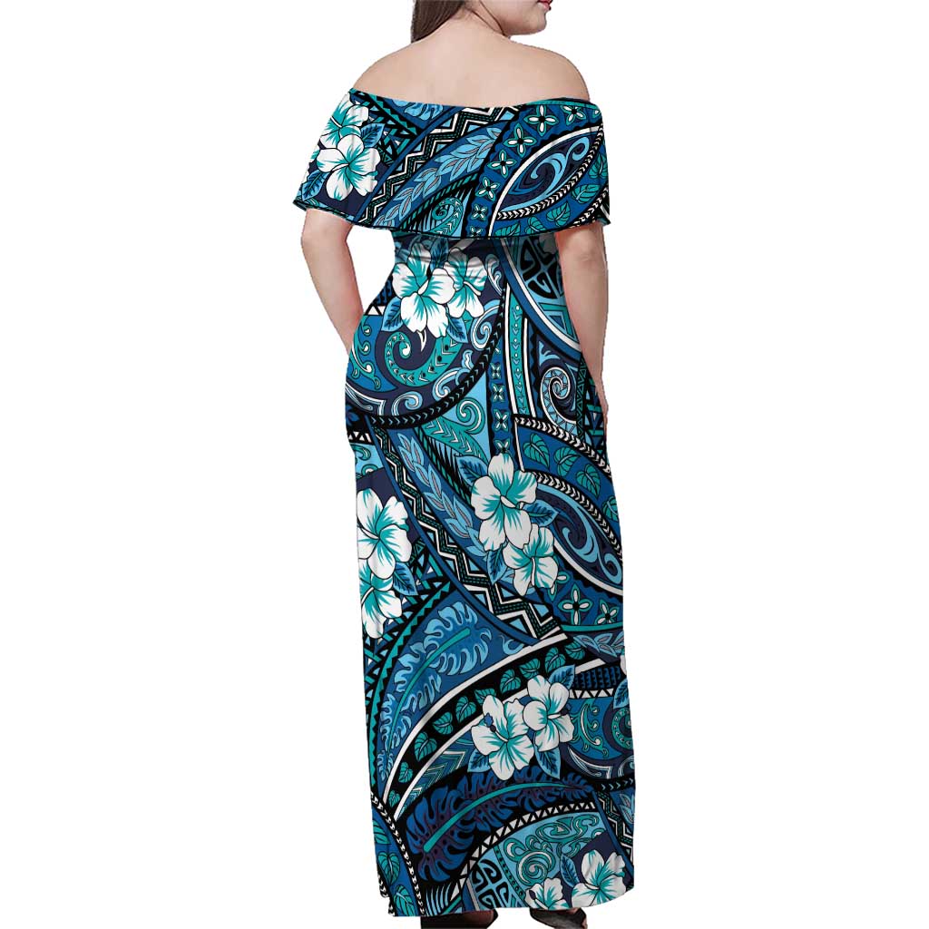 Polynesian Hibiscus Tropical Blue Floral Family Matching Off Shoulder Maxi Dress and Hawaiian Shirt Tribal Pattern - Polynesian Pride