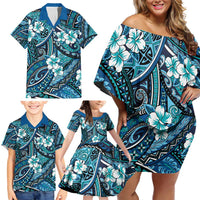 Polynesian Hibiscus Tropical Blue Floral Family Matching Off Shoulder Short Dress and Hawaiian Shirt Tribal Pattern - Polynesian Pride