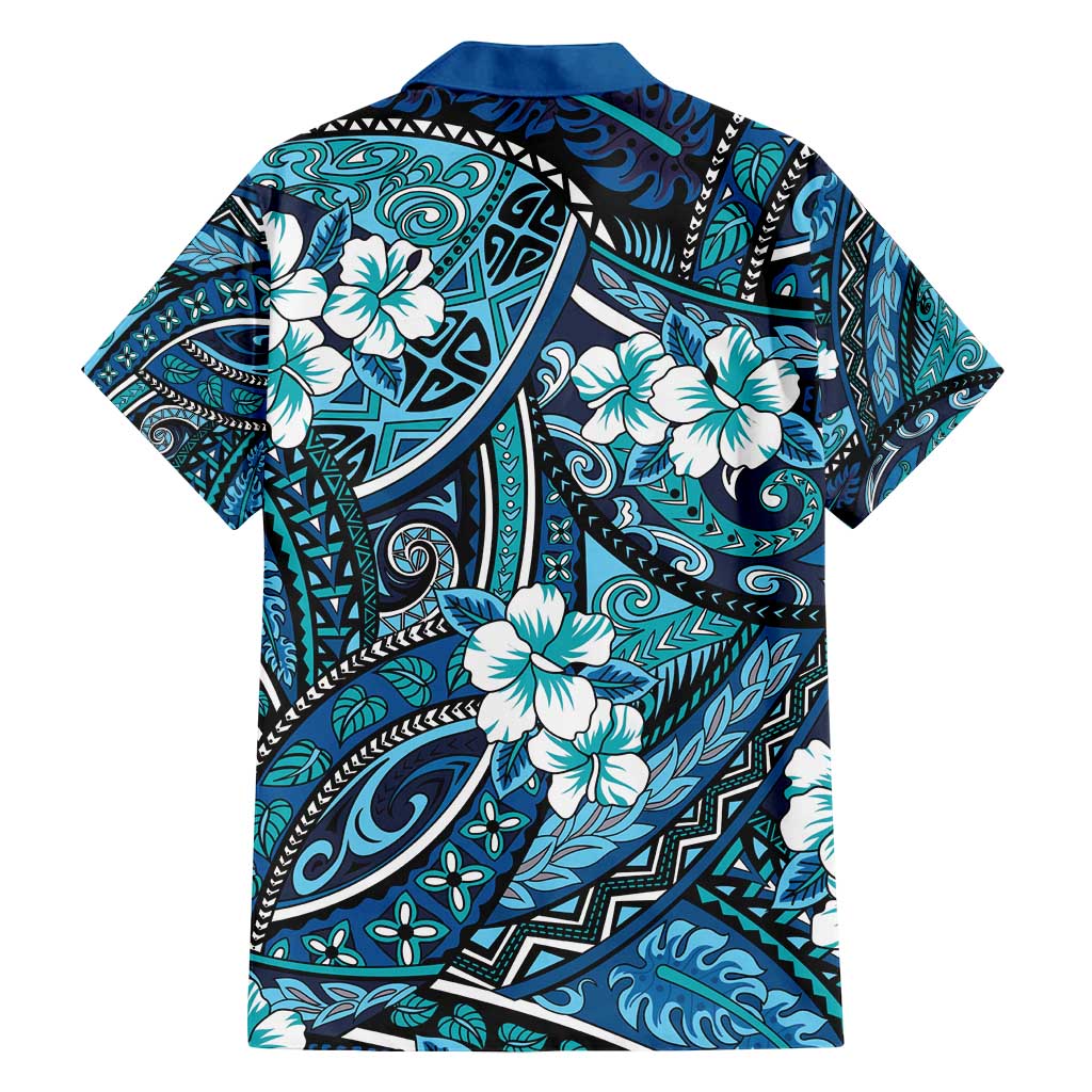 Polynesian Hibiscus Tropical Blue Floral Family Matching Off Shoulder Short Dress and Hawaiian Shirt Tribal Pattern - Polynesian Pride