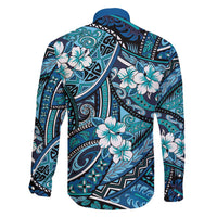 Polynesian Hibiscus Tropical Blue Floral Family Matching Off Shoulder Short Dress and Hawaiian Shirt Tribal Pattern - Polynesian Pride