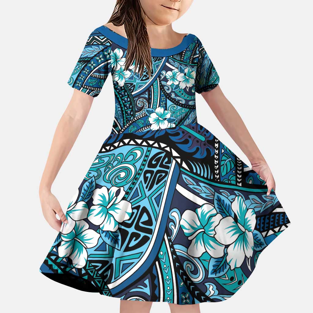 Polynesian Hibiscus Tropical Blue Floral Family Matching Puletasi and Hawaiian Shirt Tribal Pattern - Polynesian Pride