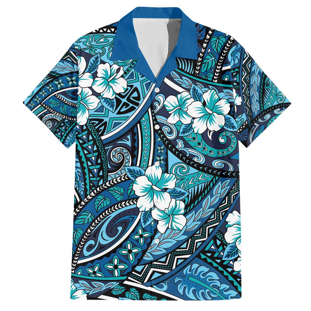 Polynesian Hibiscus Tropical Blue Floral Family Matching Short Sleeve Bodycon Dress and Hawaiian Shirt Tribal Pattern - Polynesian Pride