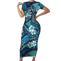 Polynesian Hibiscus Tropical Blue Floral Family Matching Short Sleeve Bodycon Dress and Hawaiian Shirt Tribal Pattern - Polynesian Pride