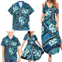 Polynesian Hibiscus Tropical Blue Floral Family Matching Summer Maxi Dress and Hawaiian Shirt Tribal Pattern - Polynesian Pride