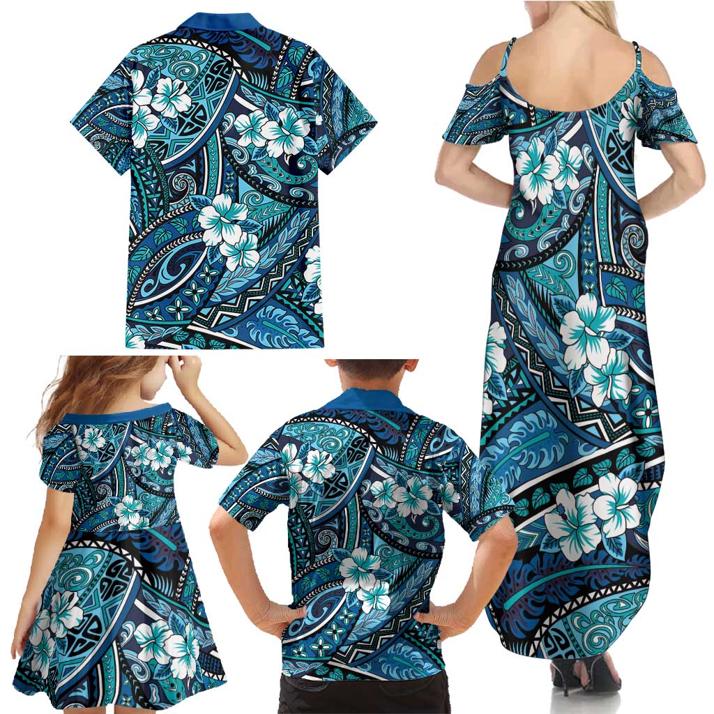 Polynesian Hibiscus Tropical Blue Floral Family Matching Summer Maxi Dress and Hawaiian Shirt Tribal Pattern - Polynesian Pride