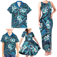 Polynesian Hibiscus Tropical Blue Floral Family Matching Tank Maxi Dress and Hawaiian Shirt Tribal Pattern - Polynesian Pride
