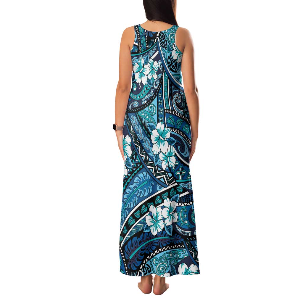 Polynesian Hibiscus Tropical Blue Floral Family Matching Tank Maxi Dress and Hawaiian Shirt Tribal Pattern - Polynesian Pride