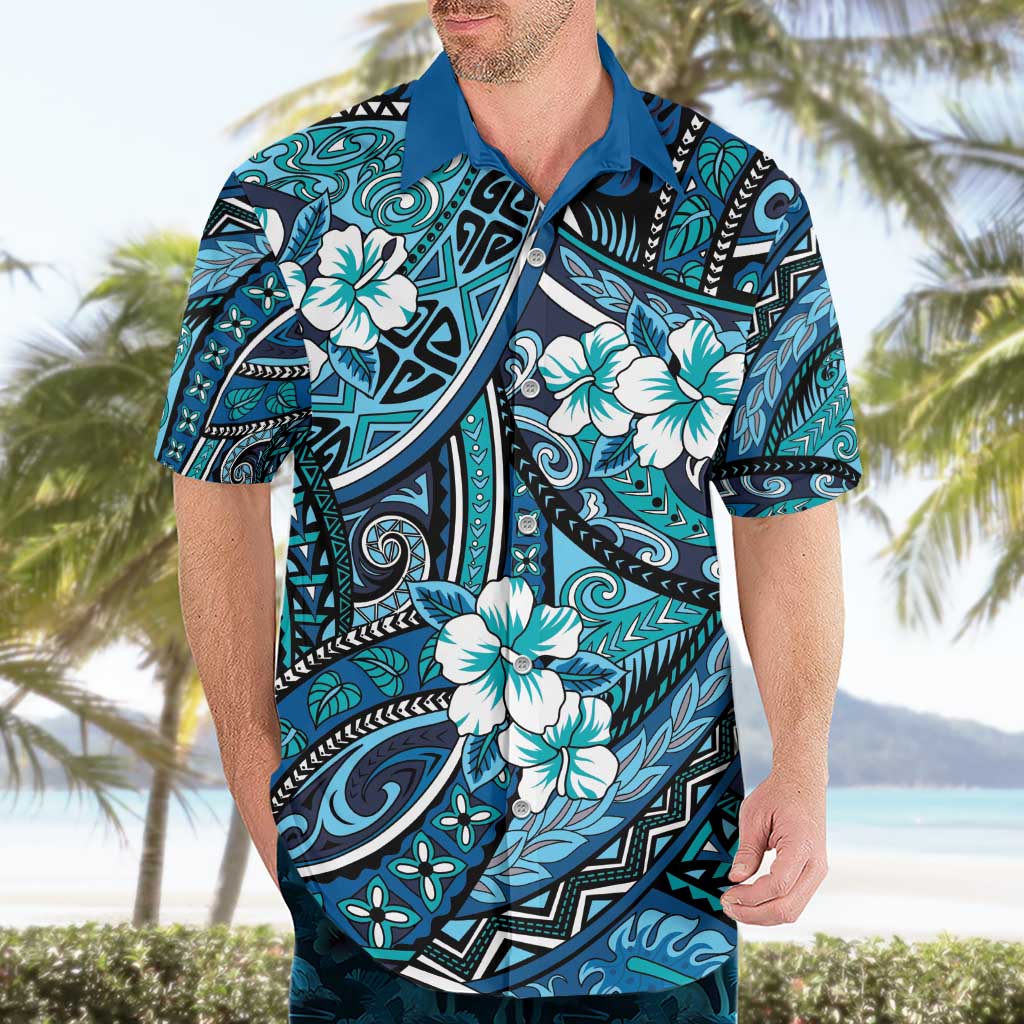 Polynesian Hibiscus Tropical Blue Floral Hawaiian Shirt Tribal Pattern - Polynesian Pride