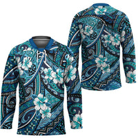 Polynesian Hibiscus Tropical Blue Floral Hockey Jersey Tribal Pattern - Polynesian Pride