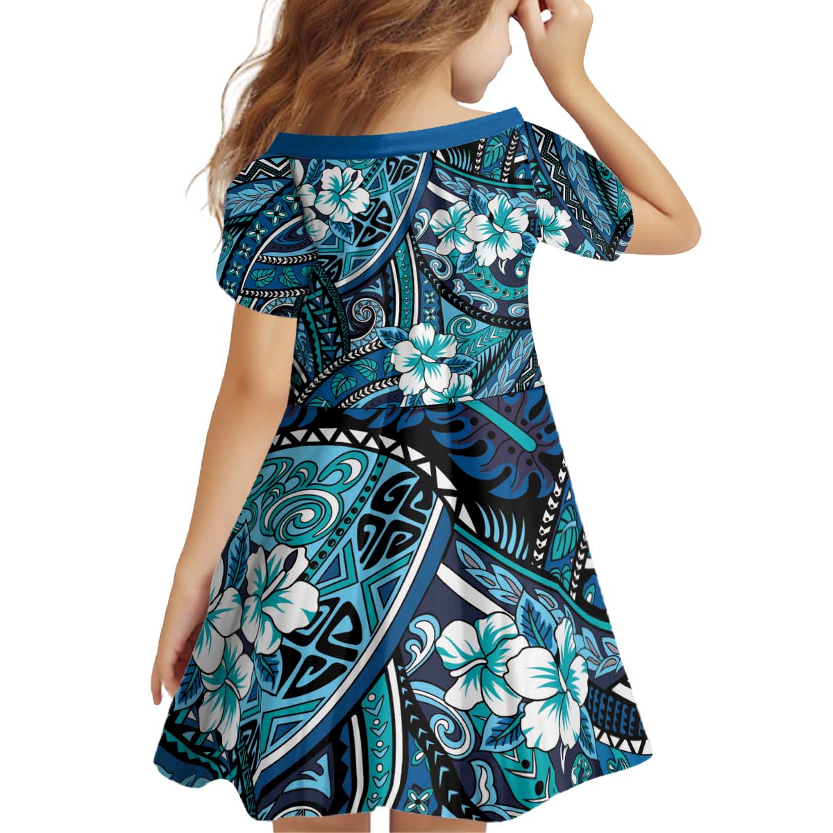 Polynesian Hibiscus Tropical Blue Floral Kid Short Sleeve Dress Tribal Pattern - Polynesian Pride