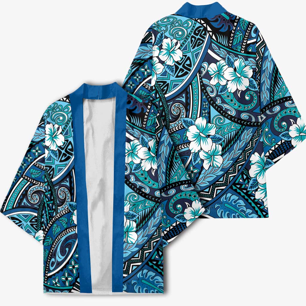 Polynesian Hibiscus Tropical Blue Floral Kimono Tribal Pattern - Polynesian Pride