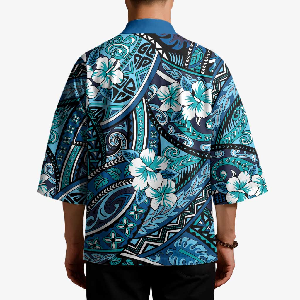 Polynesian Hibiscus Tropical Blue Floral Kimono Tribal Pattern - Polynesian Pride