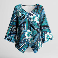 Polynesian Hibiscus Tropical Blue Floral Kimono Sleeve Blouse Tribal Pattern - Polynesian Pride